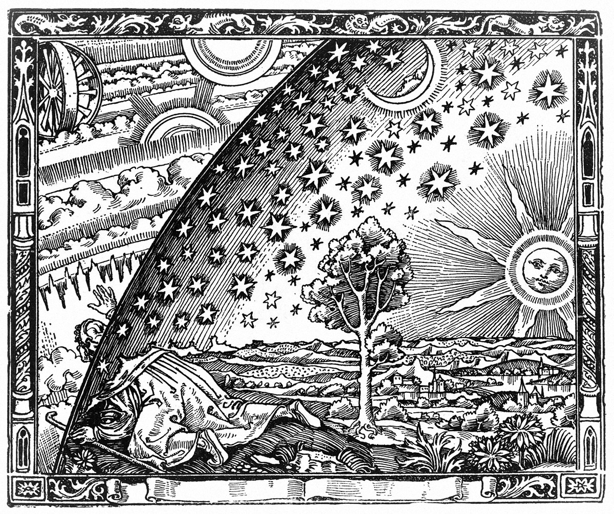Gravure : un voyageur passe la tête à travers la voûte du ciel